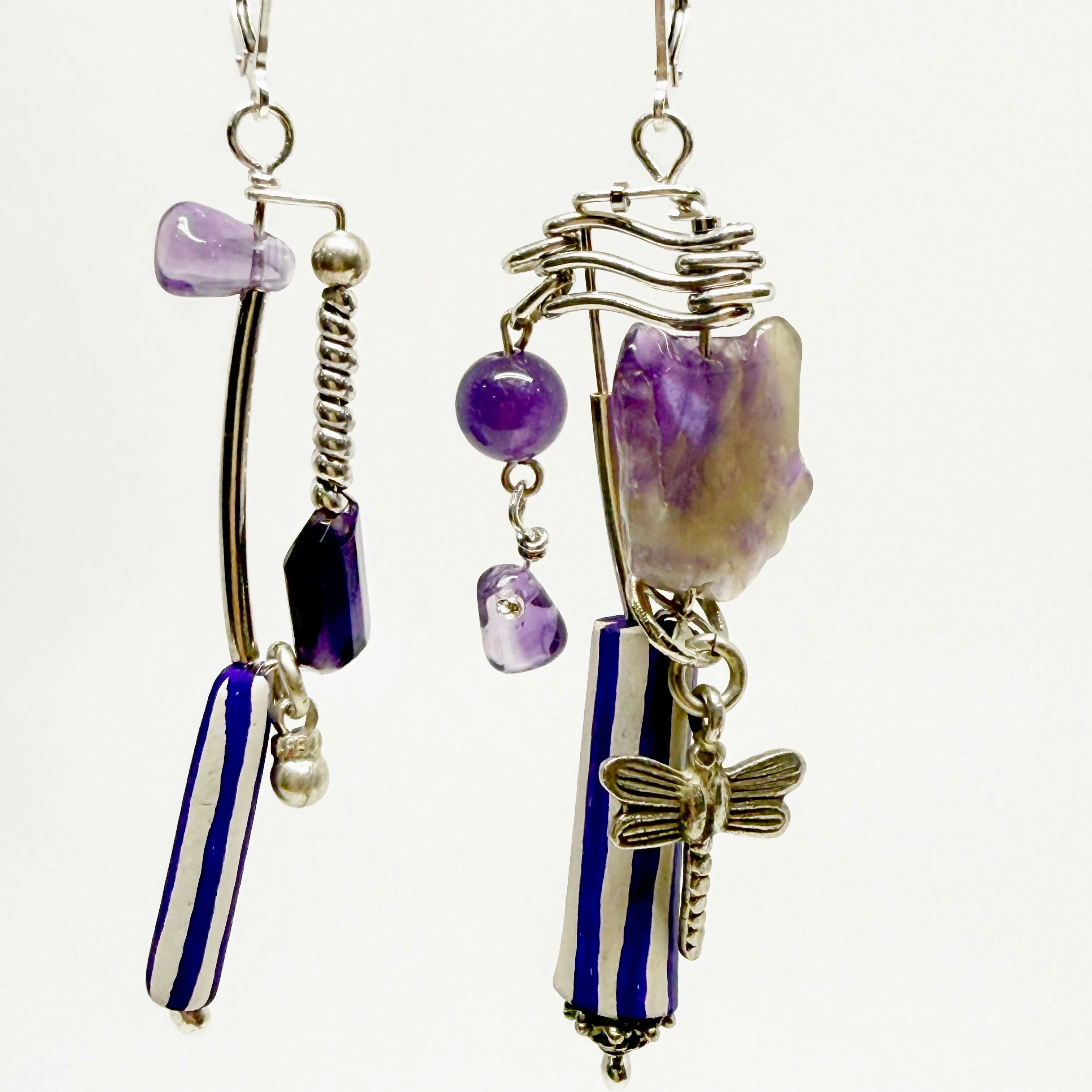 Amethyst and sterling silver earrings with Antique ceramics