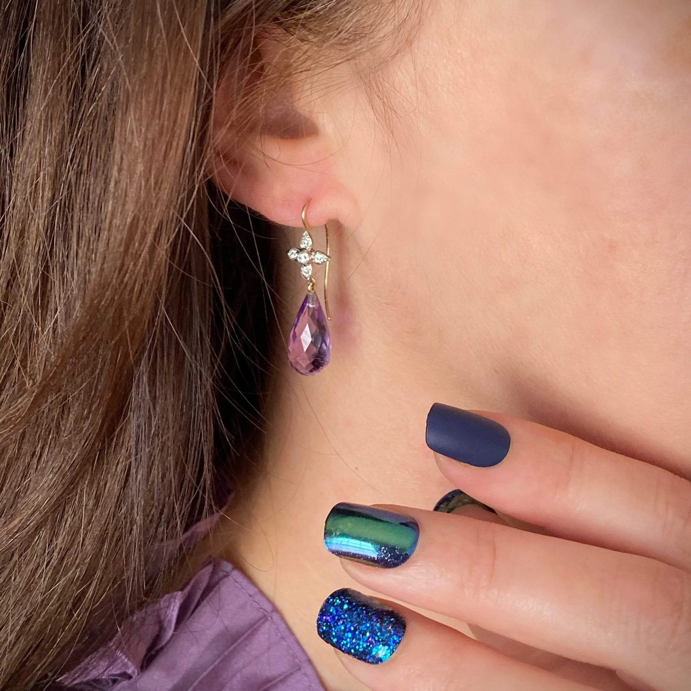 Amethyst Briolette Earrings | Amethyst & Diamond Dangle Earrings