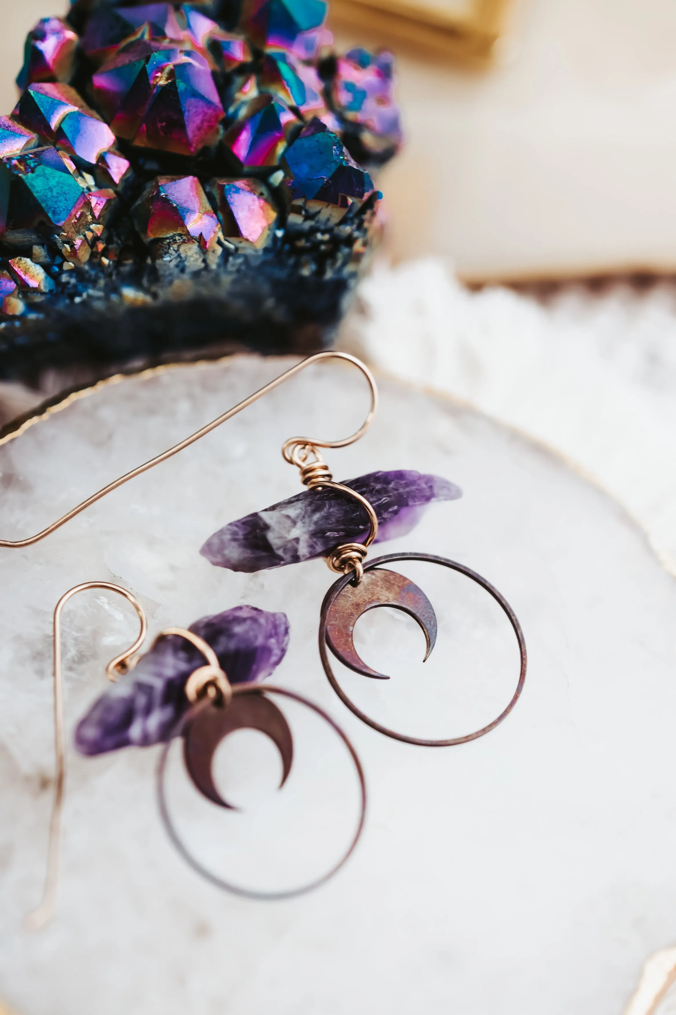 Amethyst Crescent Moon 14k Gold Filled Earrings
