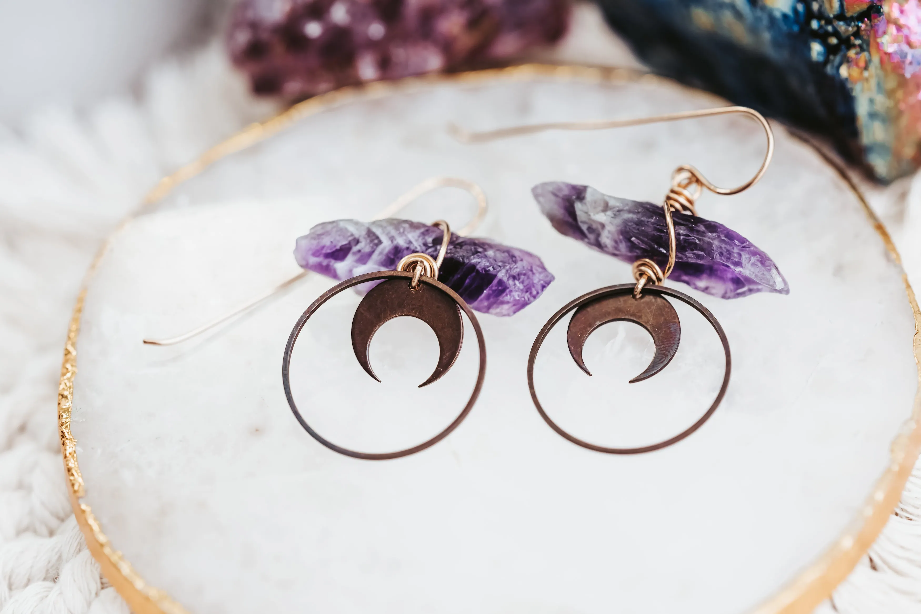 Amethyst Crescent Moon 14k Gold Filled Earrings
