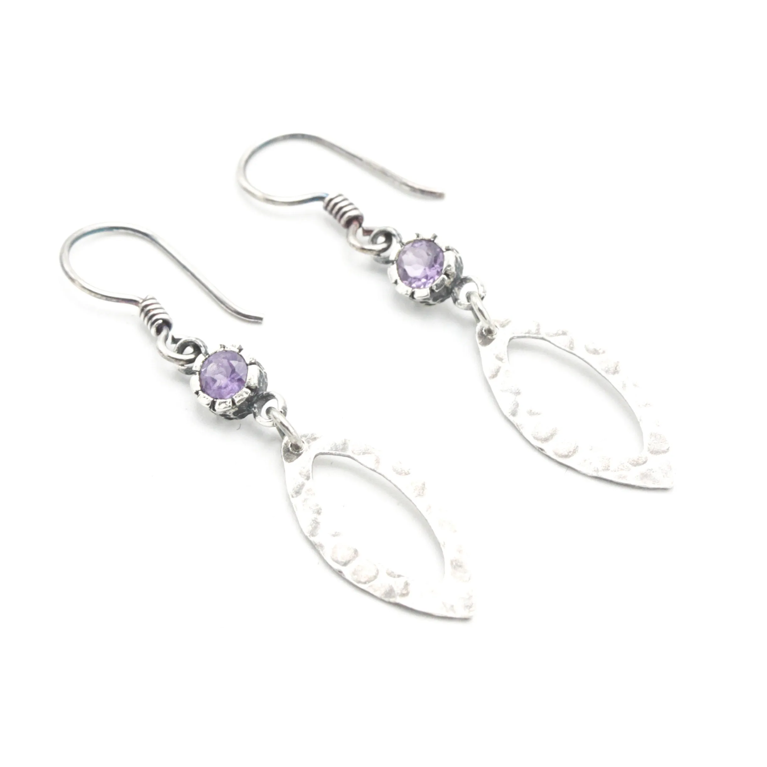 Amethyst earrings and oxidized silver marquis shape in hammer textured on sterling silver hook style