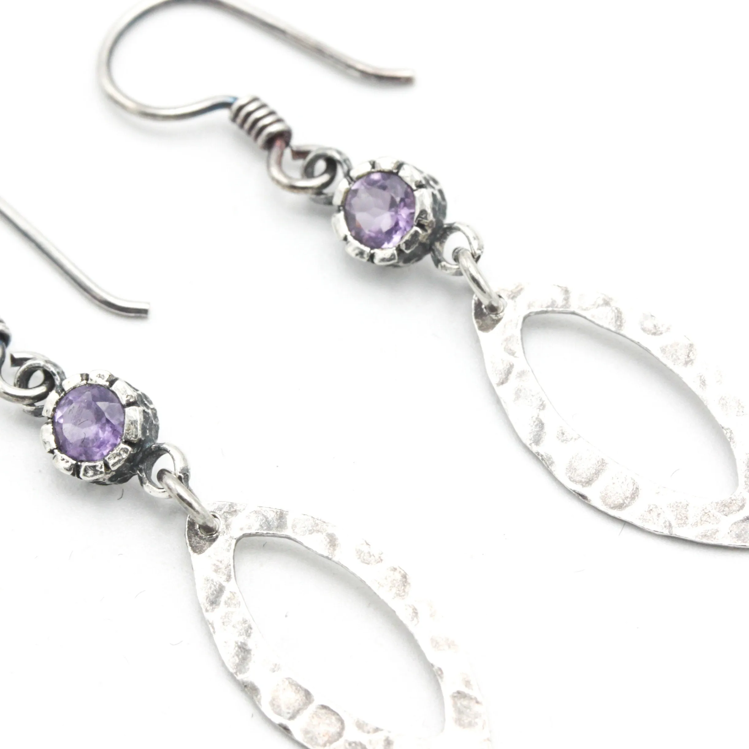 Amethyst earrings and oxidized silver marquis shape in hammer textured on sterling silver hook style