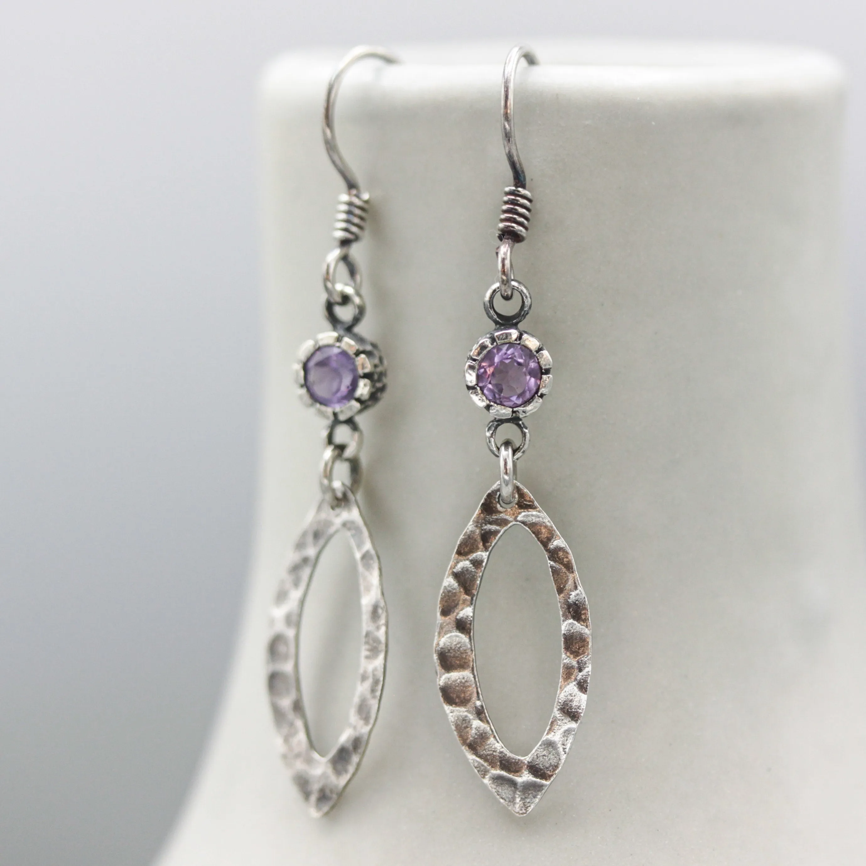 Amethyst earrings and oxidized silver marquis shape in hammer textured on sterling silver hook style