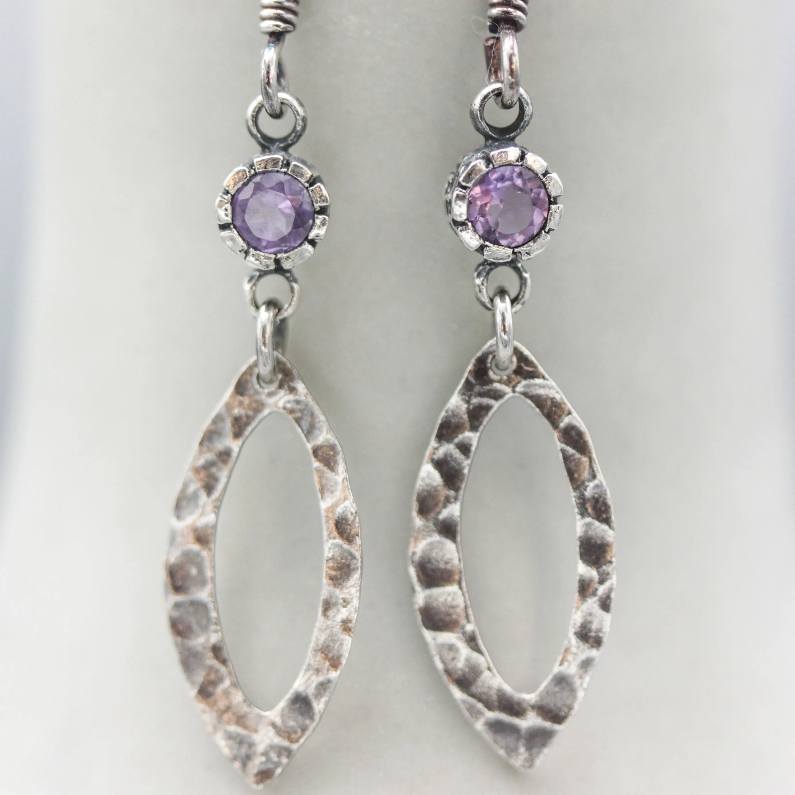 Amethyst earrings and oxidized silver marquis shape in hammer textured on sterling silver hook style
