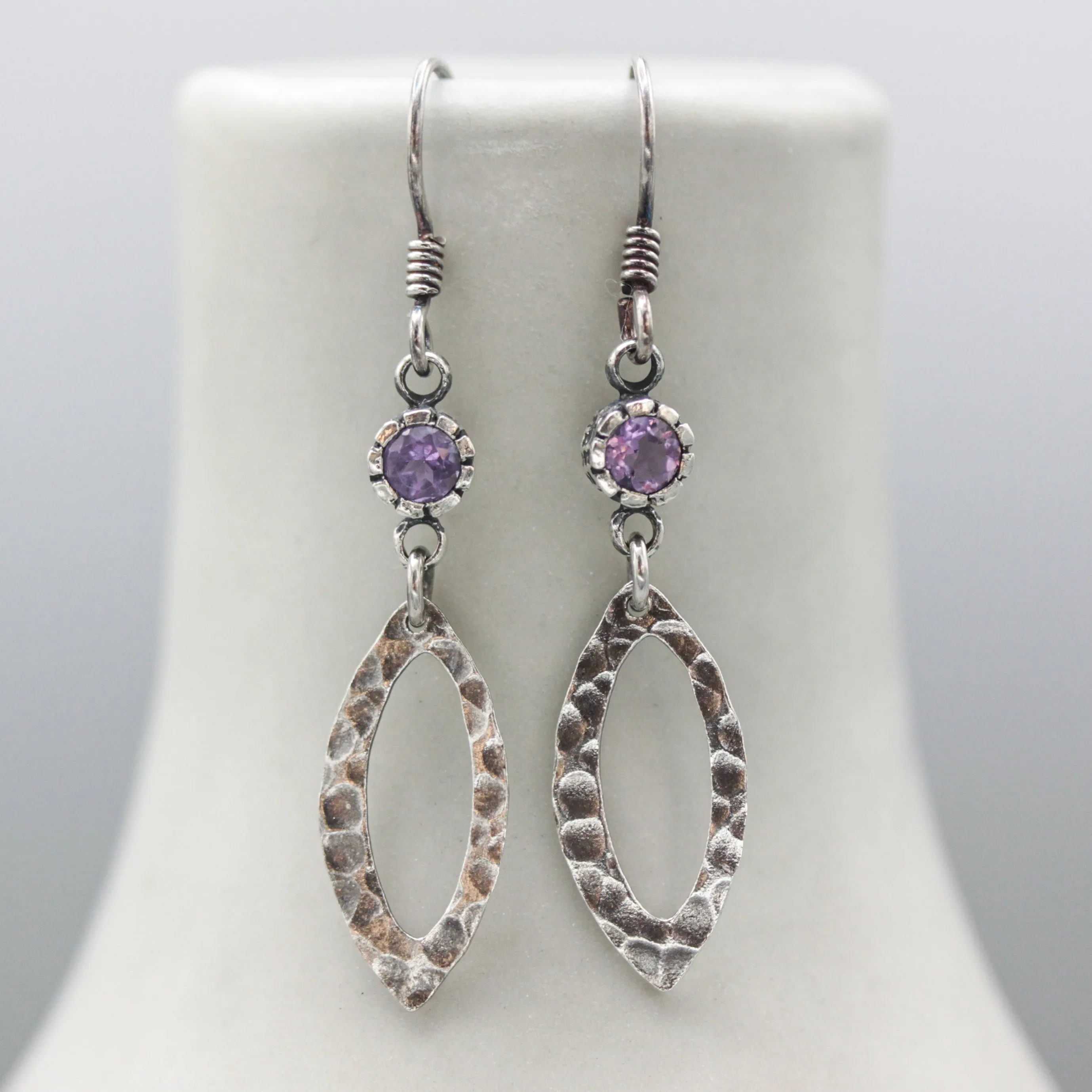 Amethyst earrings and oxidized silver marquis shape in hammer textured on sterling silver hook style
