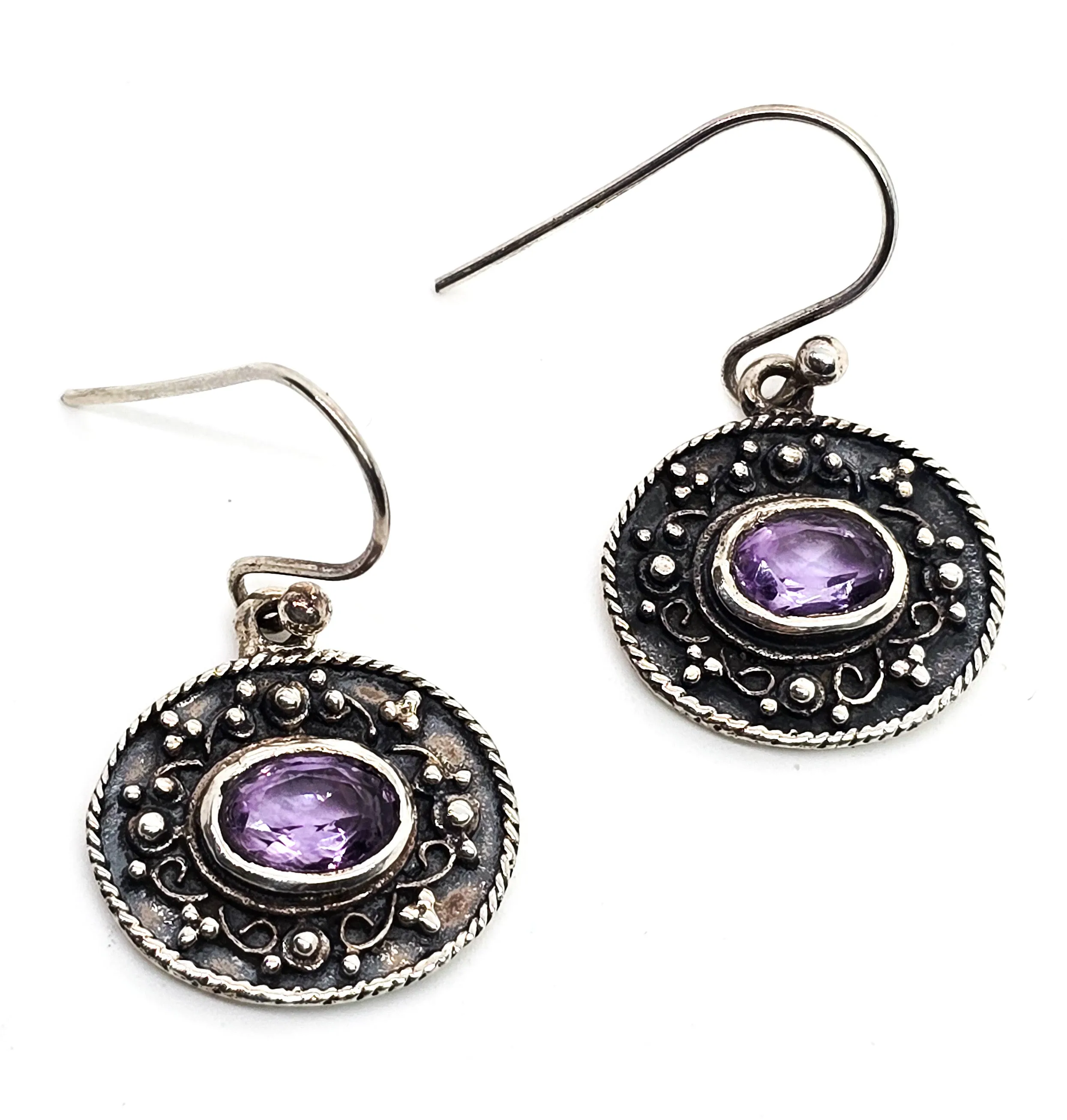 Amethyst faceted purple gemstone Balinese Bali sterling silver tribal drop earrings