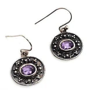 Amethyst faceted purple gemstone Balinese Bali sterling silver tribal drop earrings