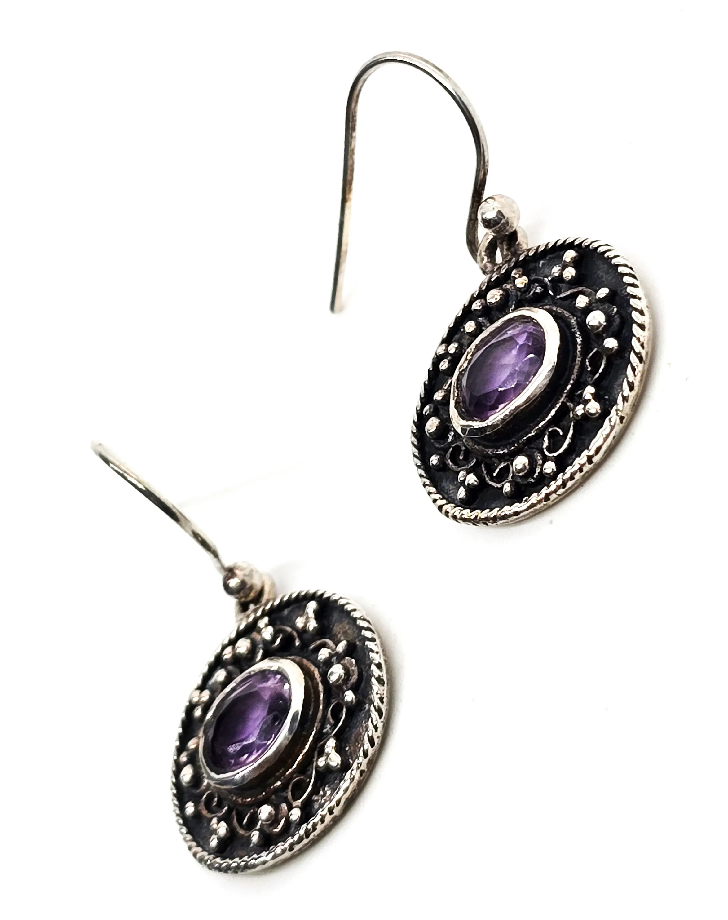 Amethyst faceted purple gemstone Balinese Bali sterling silver tribal drop earrings