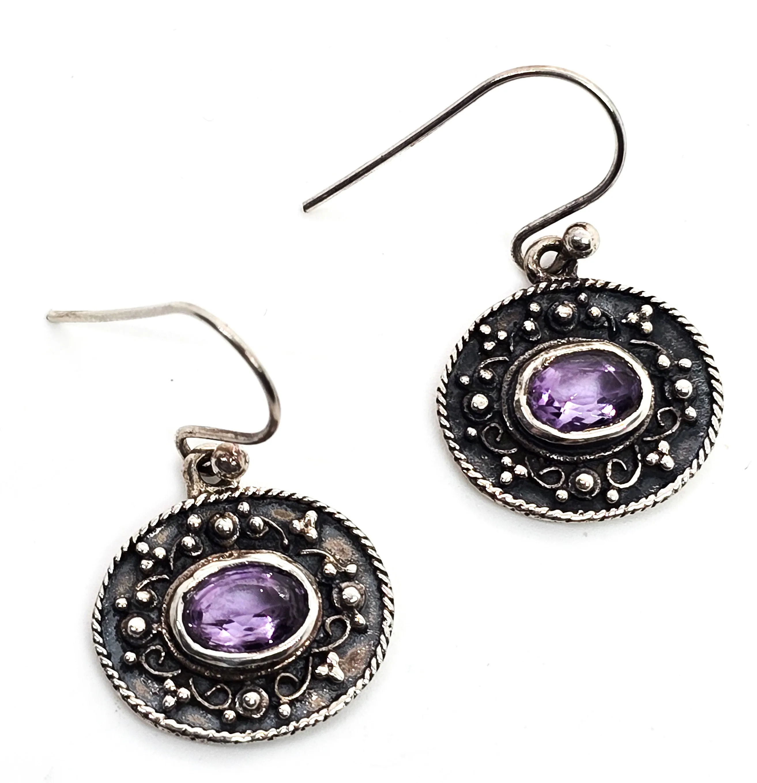 Amethyst faceted purple gemstone Balinese Bali sterling silver tribal drop earrings