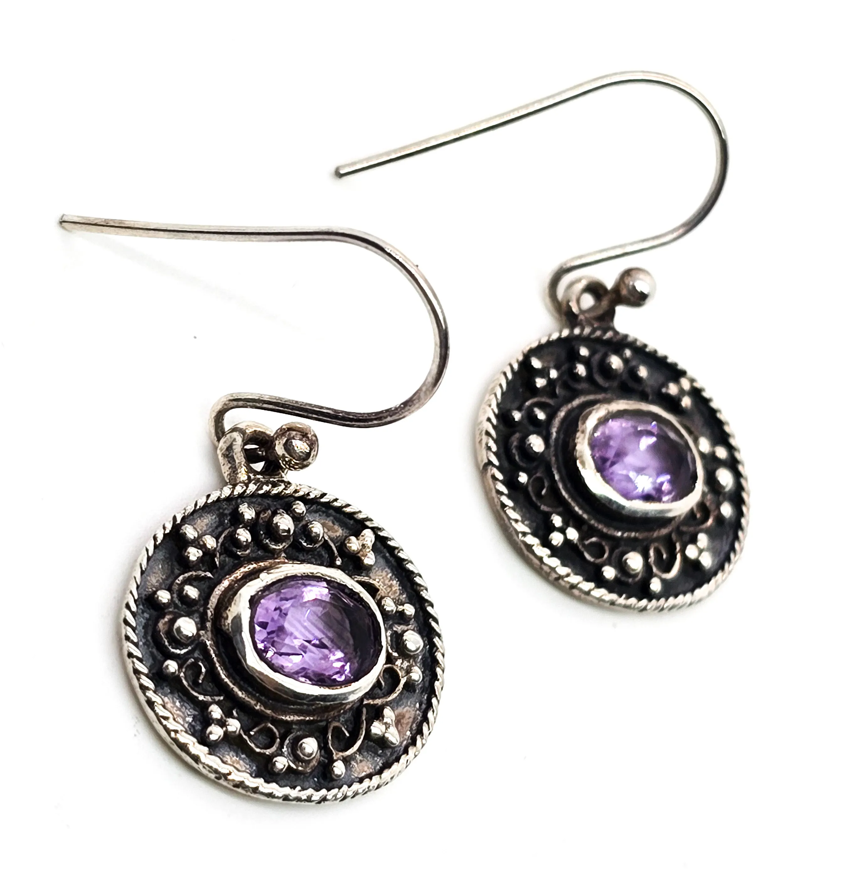 Amethyst faceted purple gemstone Balinese Bali sterling silver tribal drop earrings