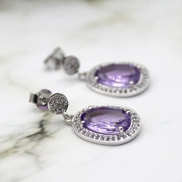 Amethyst Halo Drop Earrings