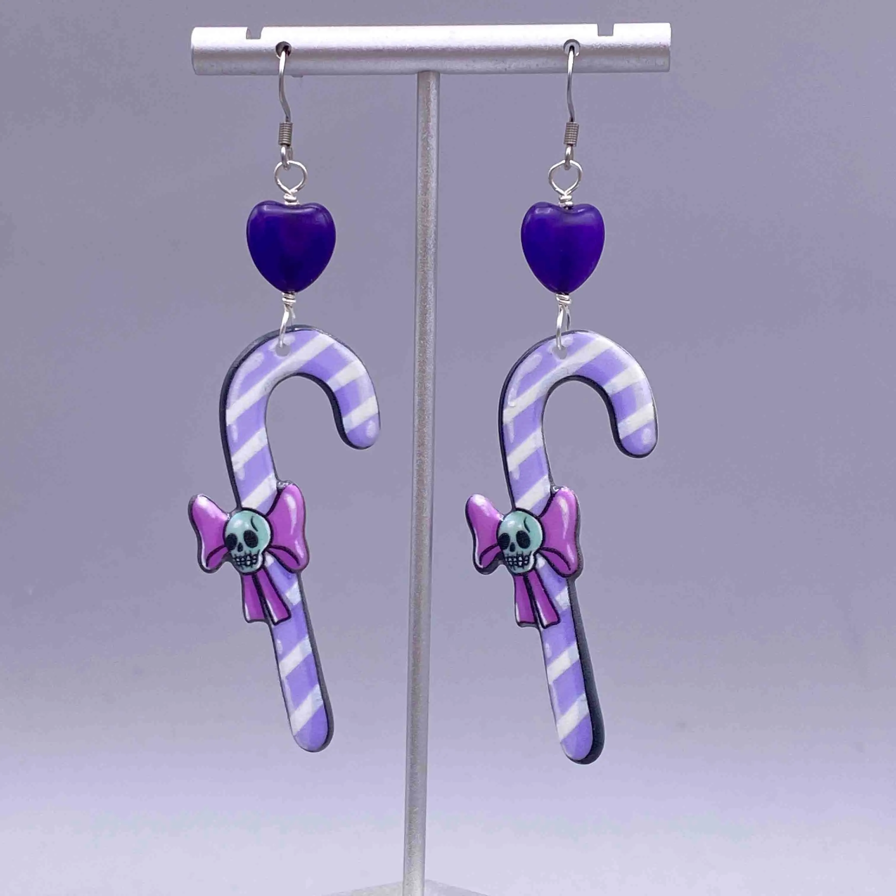 Amethyst heart and Candy dangle cane earrings