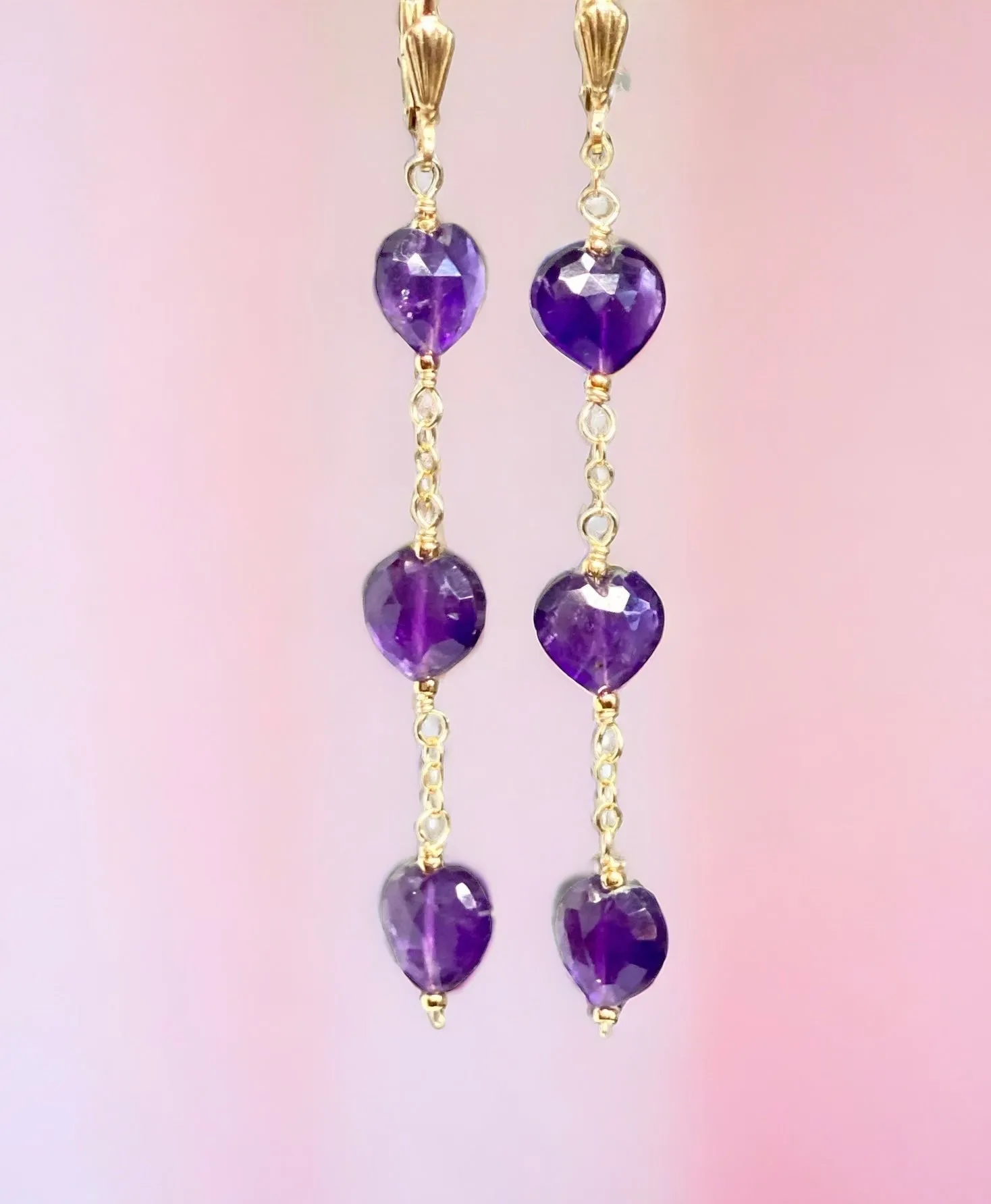 Amethyst Heart Dangle Earrings Gold Fill Handmade
