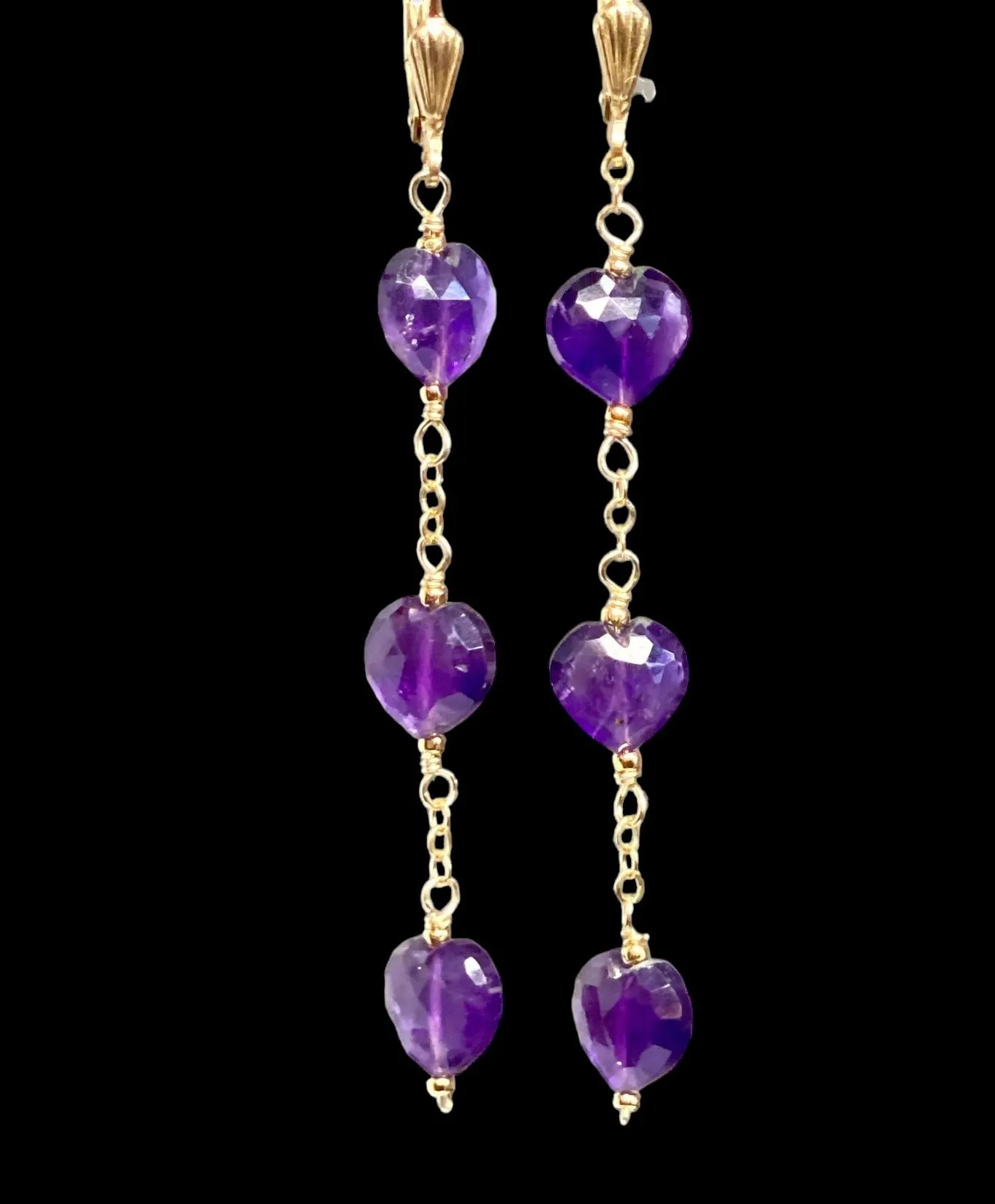 Amethyst Heart Dangle Earrings Gold Fill Handmade