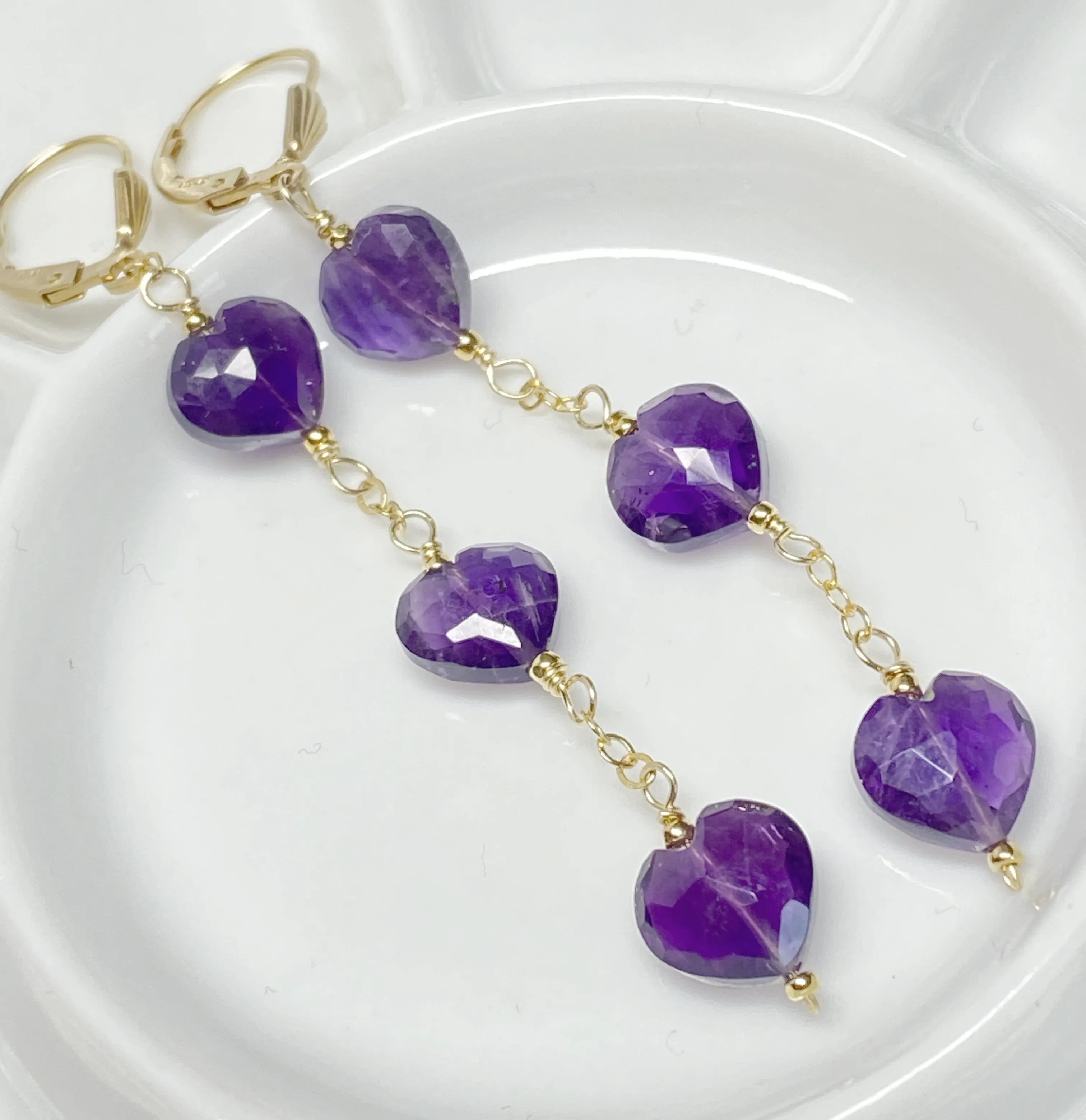 Amethyst Heart Dangle Earrings Gold Fill Handmade