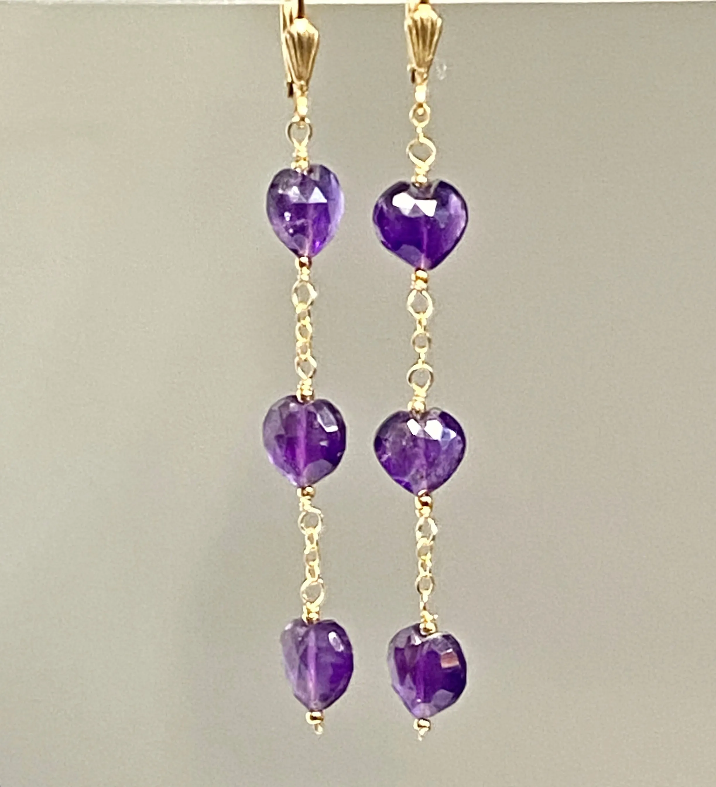 Amethyst Heart Dangle Earrings Gold Fill Handmade