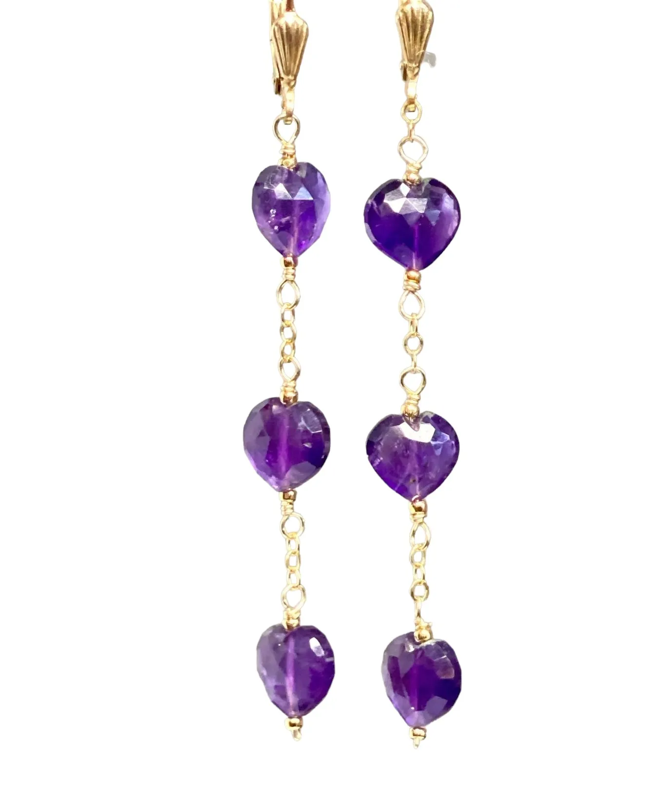 Amethyst Heart Dangle Earrings Gold Fill Handmade