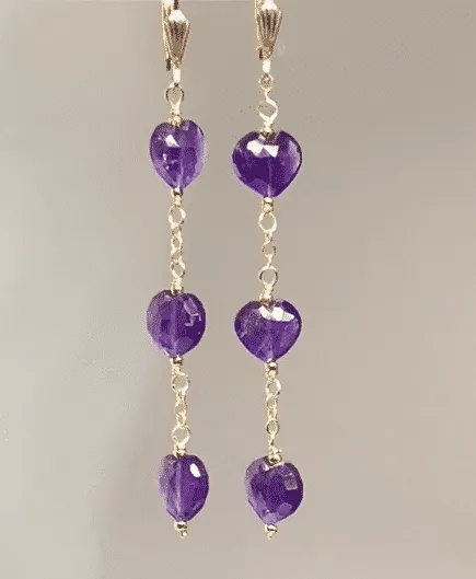 Amethyst Heart Dangle Earrings Gold Fill Handmade