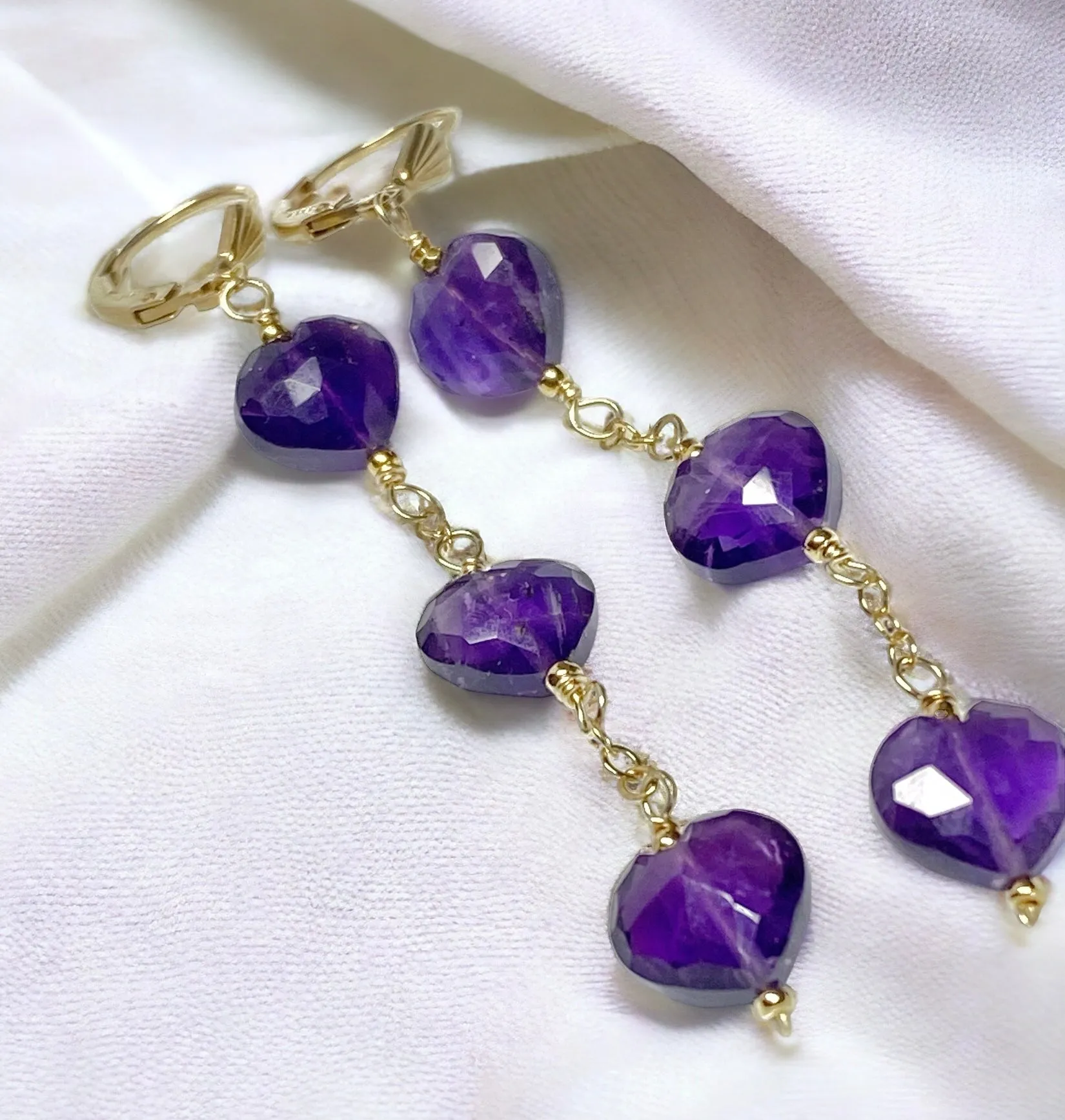 Amethyst Heart Dangle Earrings Gold Fill Handmade