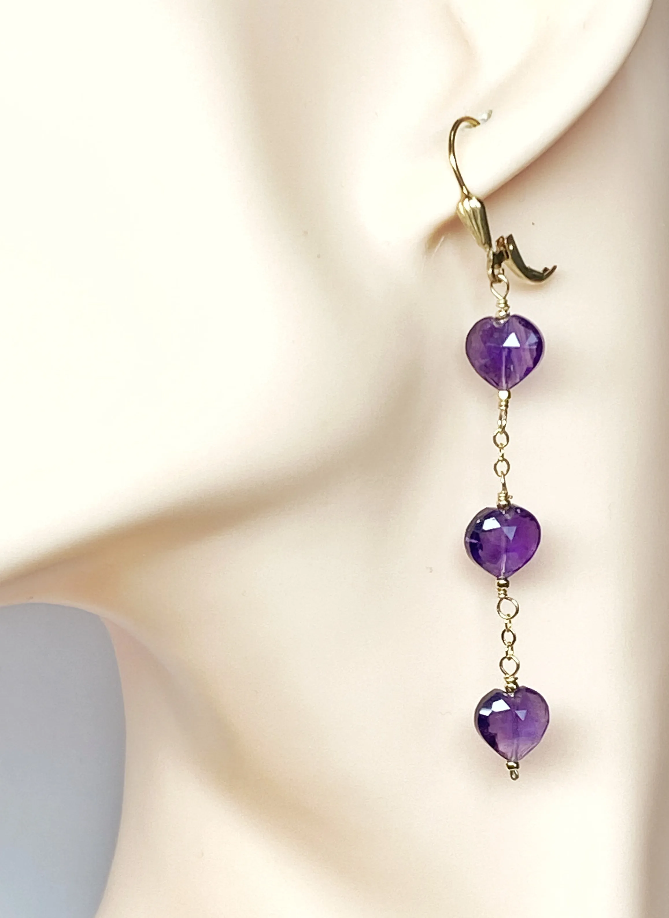 Amethyst Heart Dangle Earrings Gold Fill Handmade