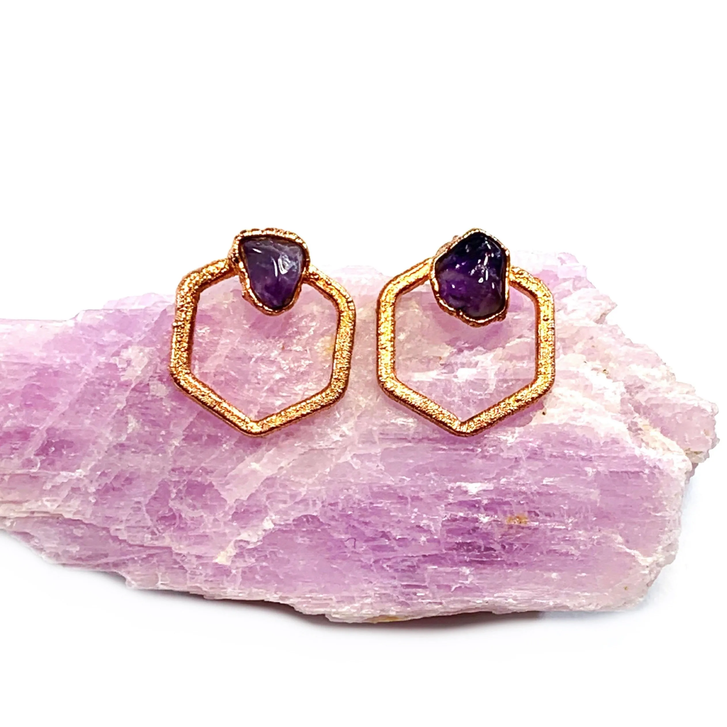 Amethyst Hexagon Stud Earrings | February Birthstone