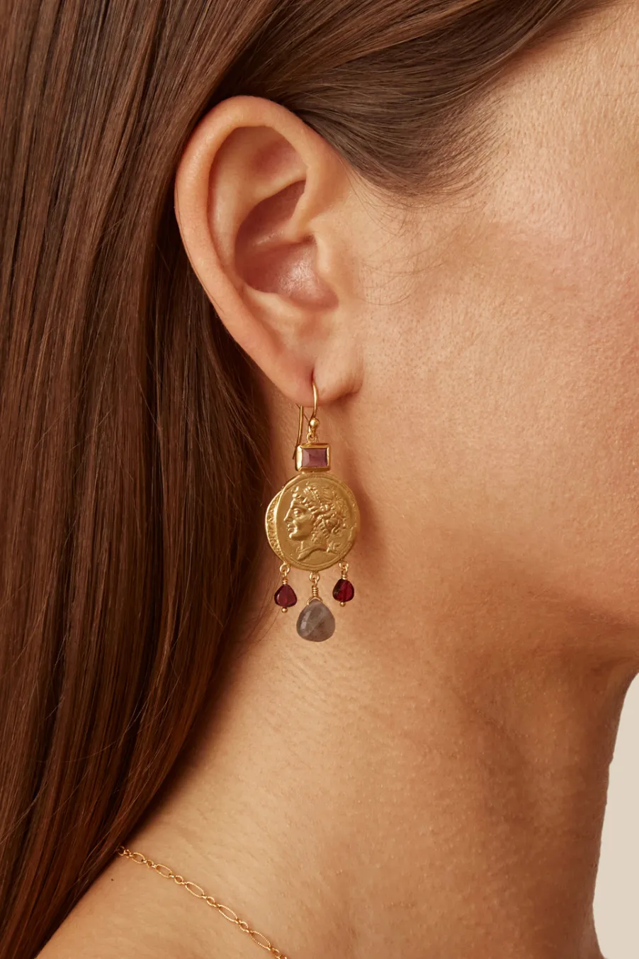 Amethyst Medusa Coin Earrings - Gold