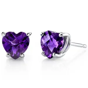 Amethyst Stud Earrings 14 Kt White Gold Heart Shape 1.5 Carats
