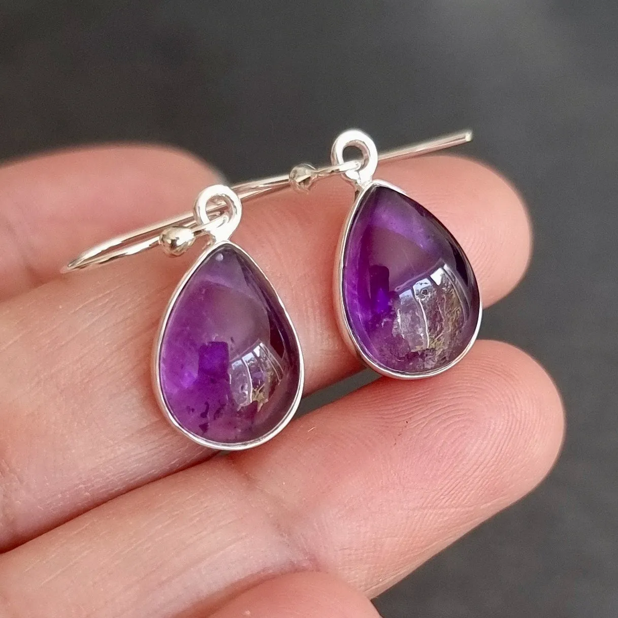 Amethyst Teardrop 14mm x 10mm 925 Sterling Silver Earrings, E11A