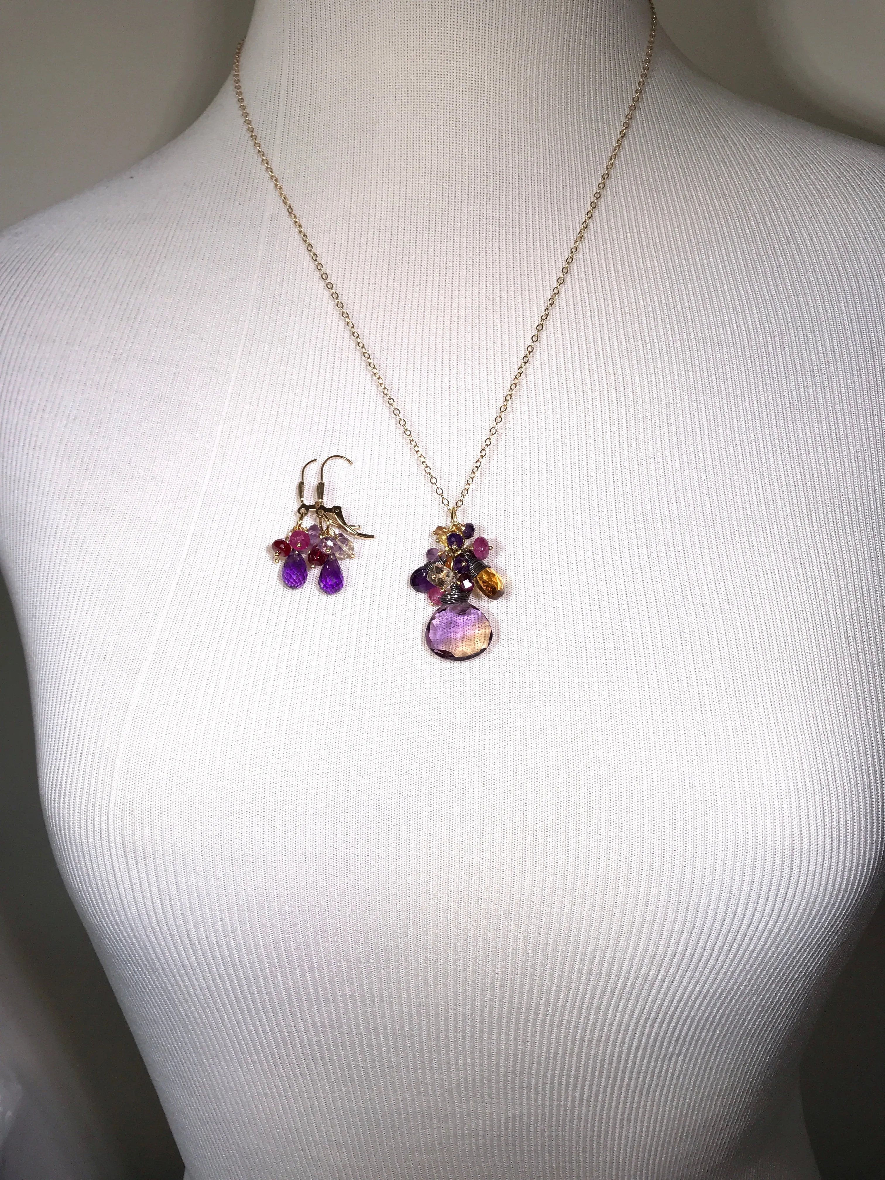 Ametrine Pendant Necklace Set and Amethyst Dangle Earrings