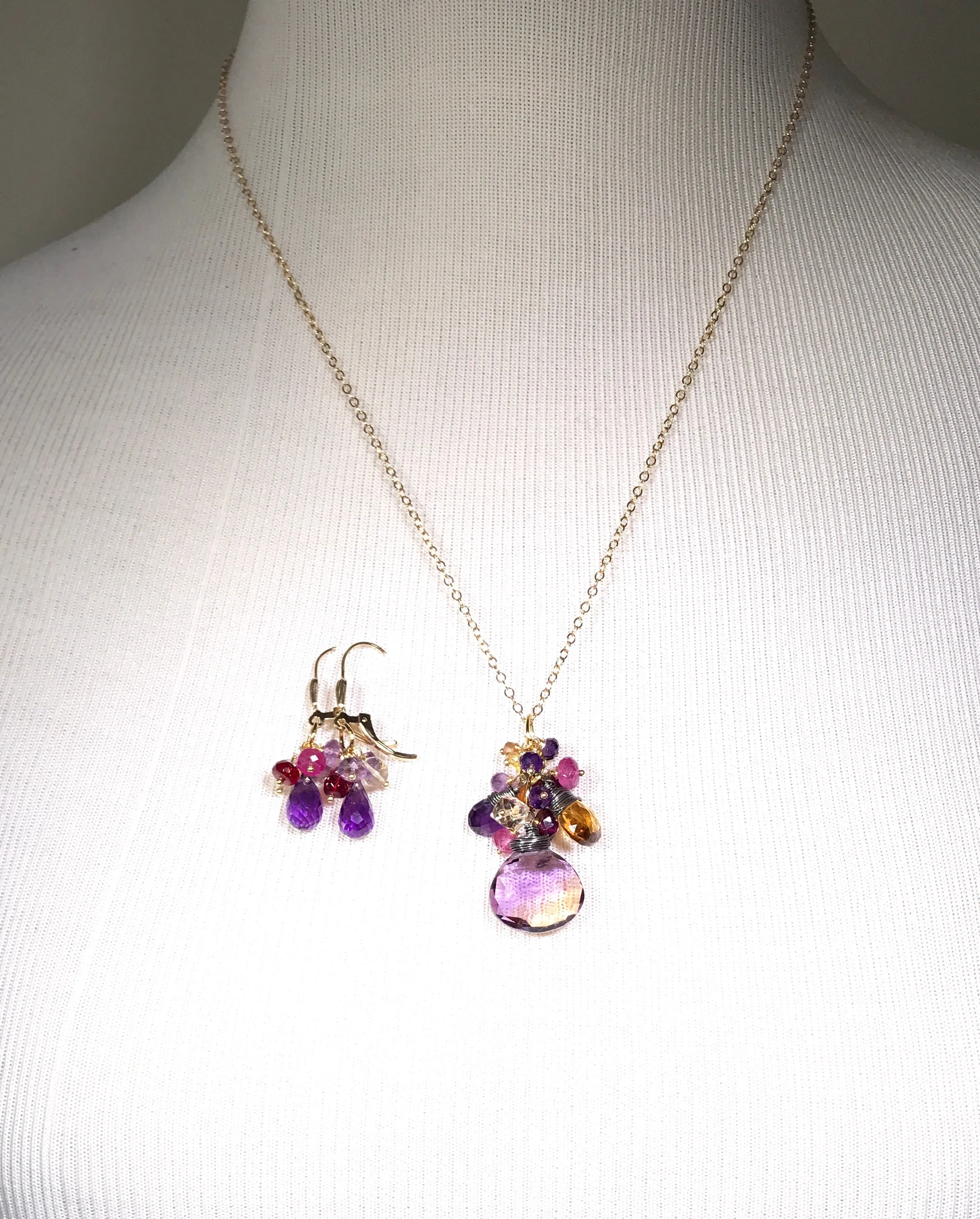 Ametrine Pendant Necklace Set and Amethyst Dangle Earrings