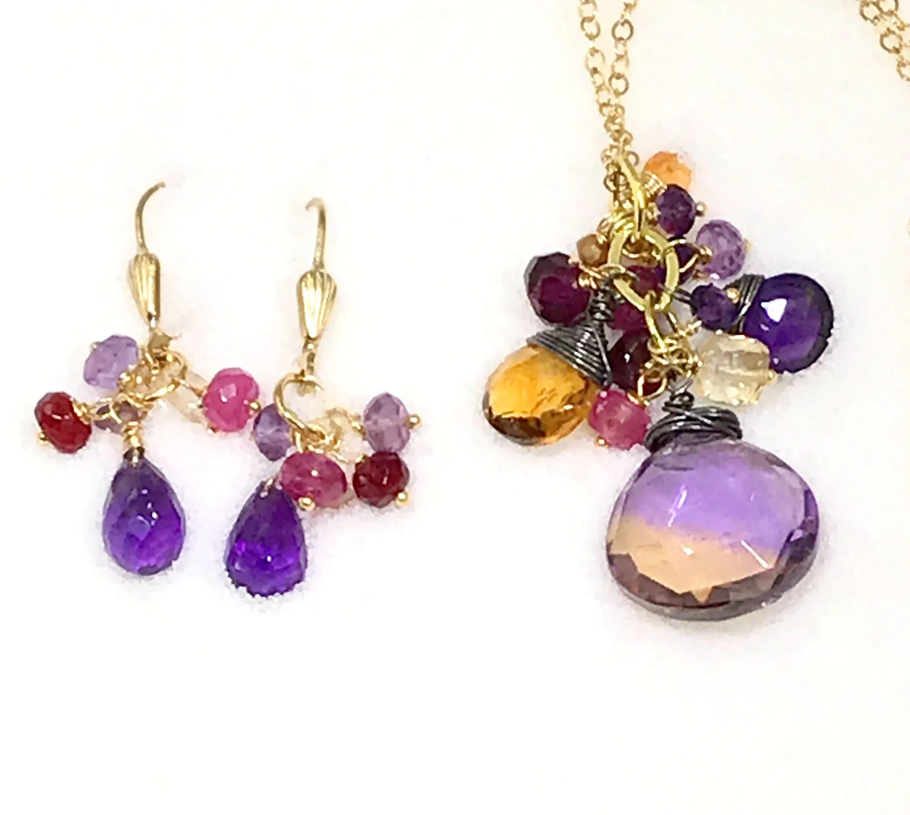 Ametrine Pendant Necklace Set and Amethyst Dangle Earrings