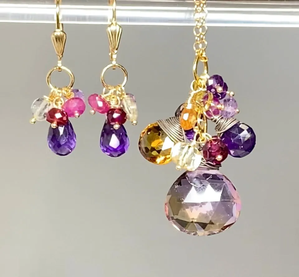 Ametrine Pendant Necklace Set and Amethyst Dangle Earrings