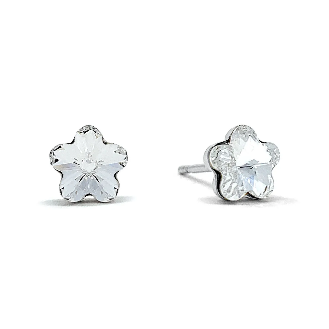 Anna Small Stud Earrings with White Clear Flower Crystals from Swarovski Silver Toned Rhodium Plated