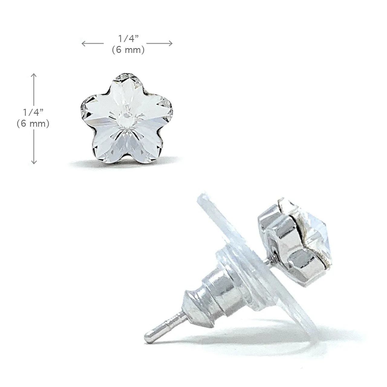Anna Small Stud Earrings with White Clear Flower Crystals from Swarovski Silver Toned Rhodium Plated