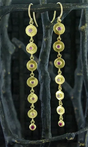 Annie Fensterstock 22k Yellow Gold, Pink Sapphire, and Ruby Earrings