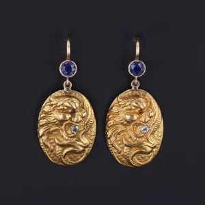 Antique 14k Gold Dragon Earrings | Art Nouveau Earrings