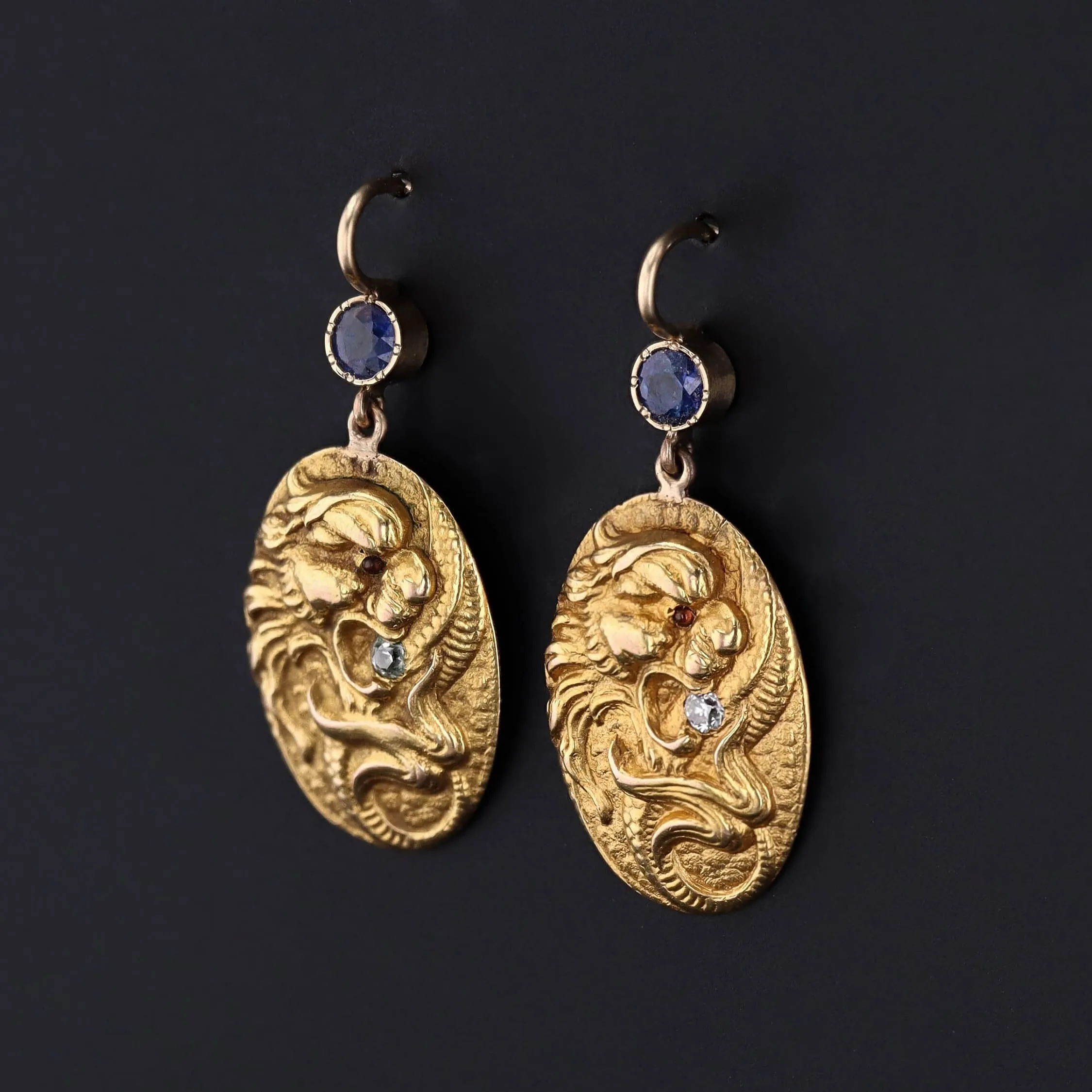 Antique 14k Gold Dragon Earrings | Art Nouveau Earrings