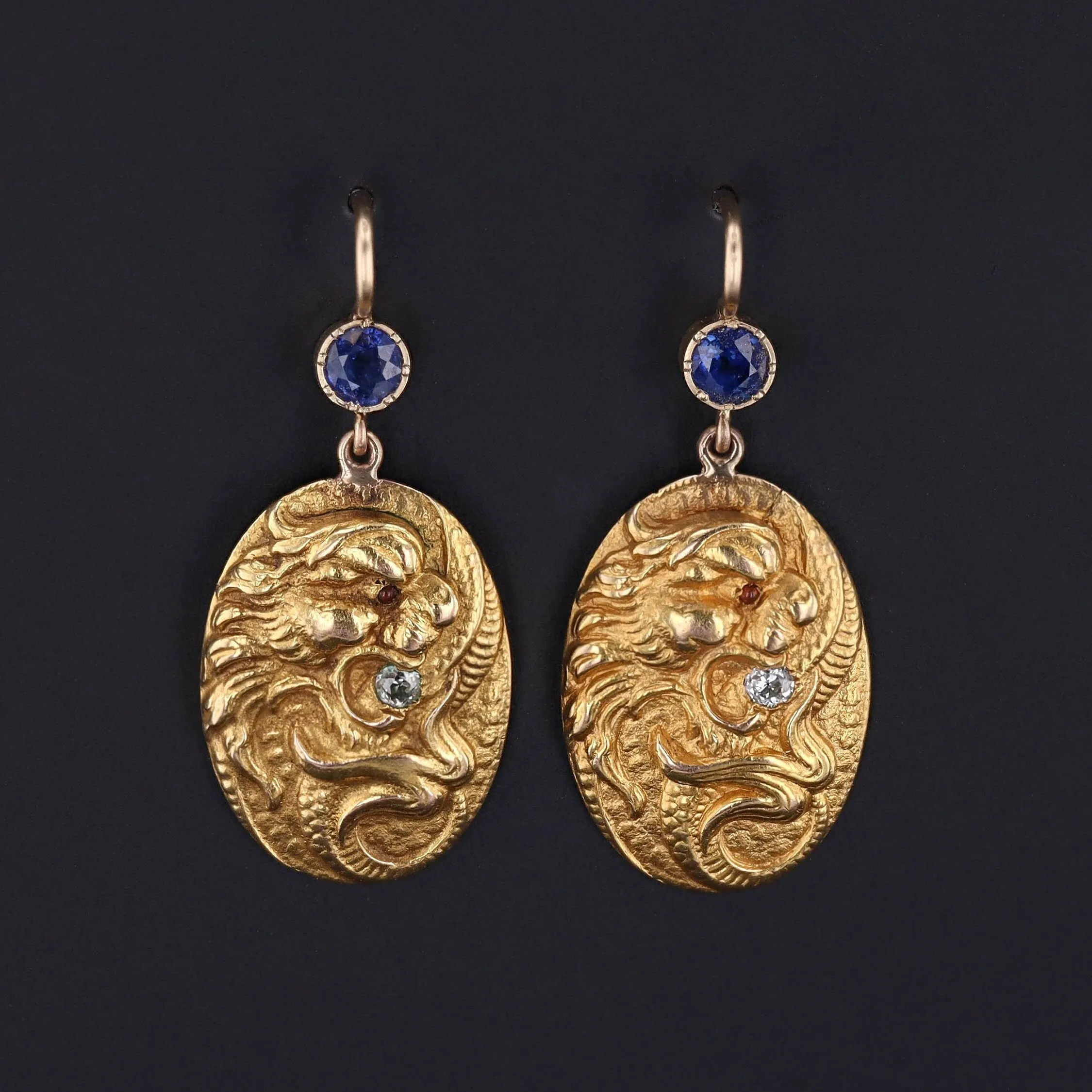 Antique 14k Gold Dragon Earrings | Art Nouveau Earrings