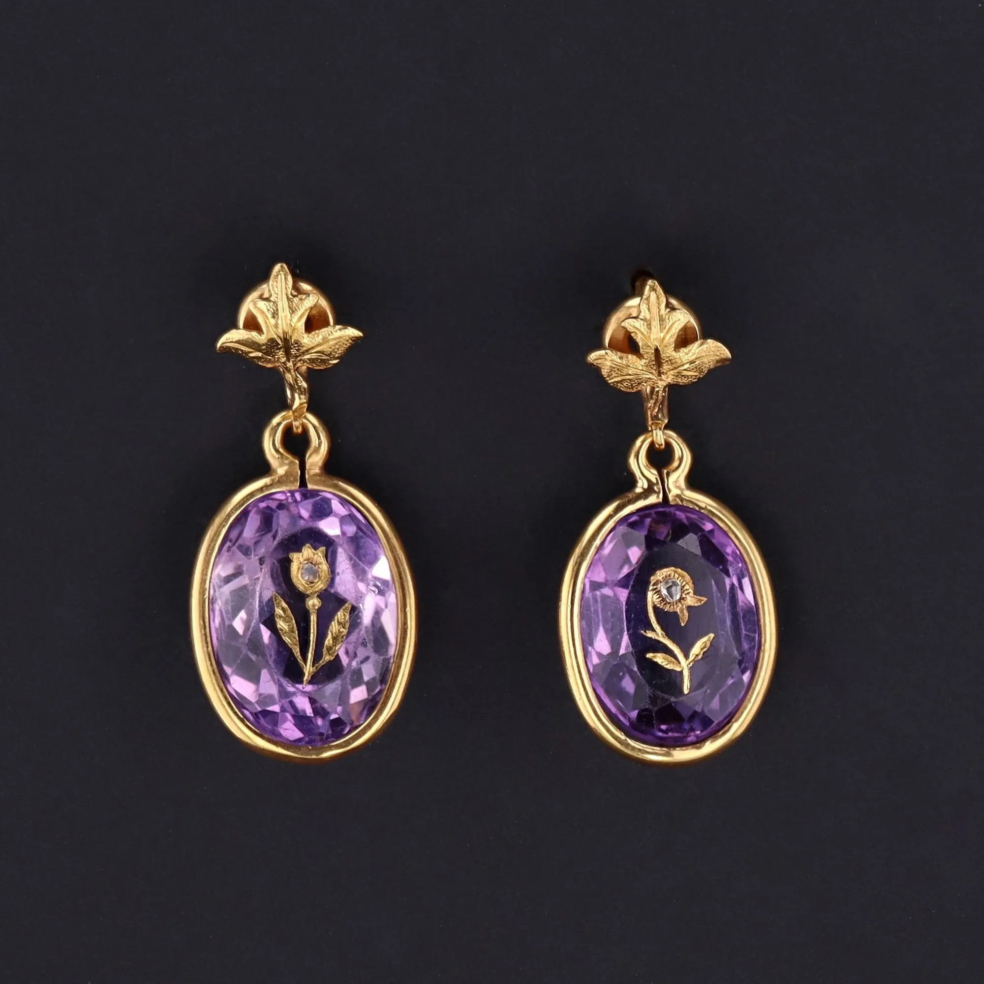 Antique Amethyst & Diamond Flower Earrings | 14k Gold Earrings