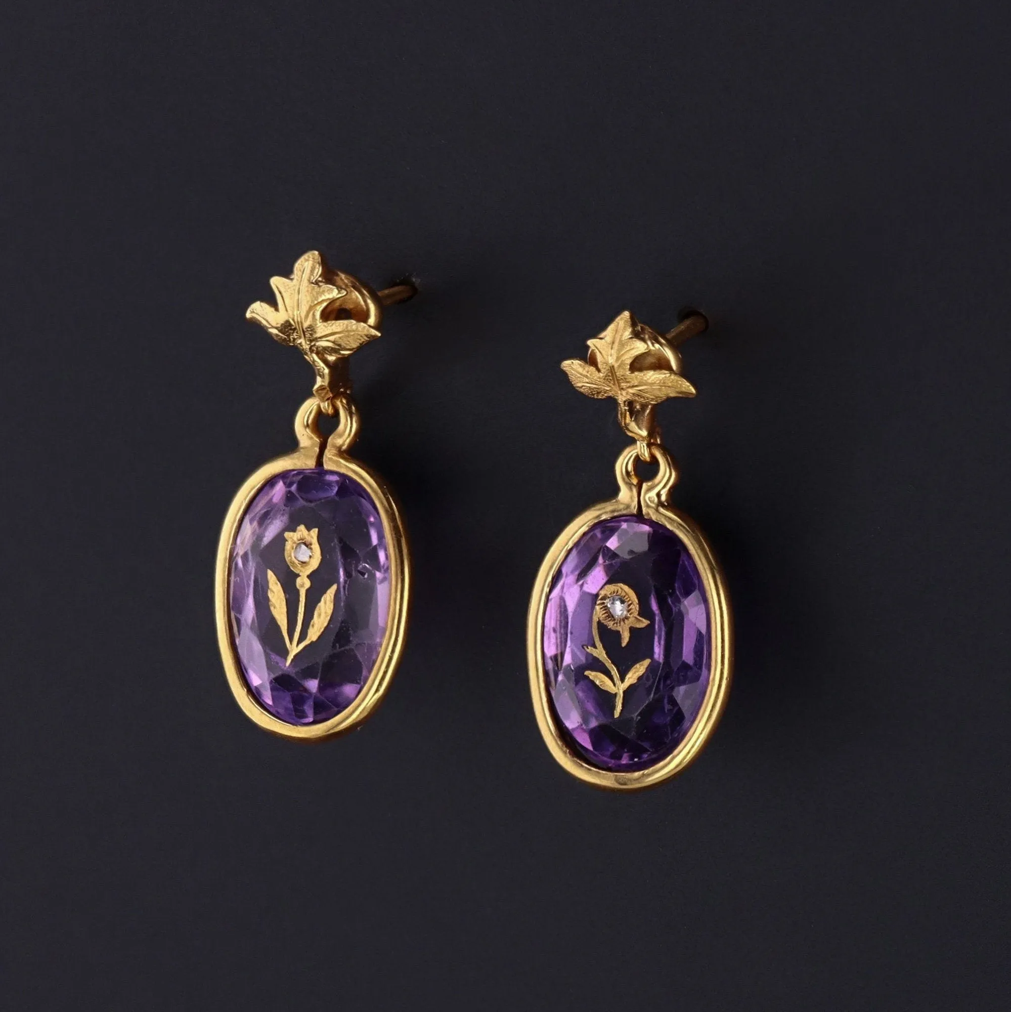 Antique Amethyst & Diamond Flower Earrings | 14k Gold Earrings