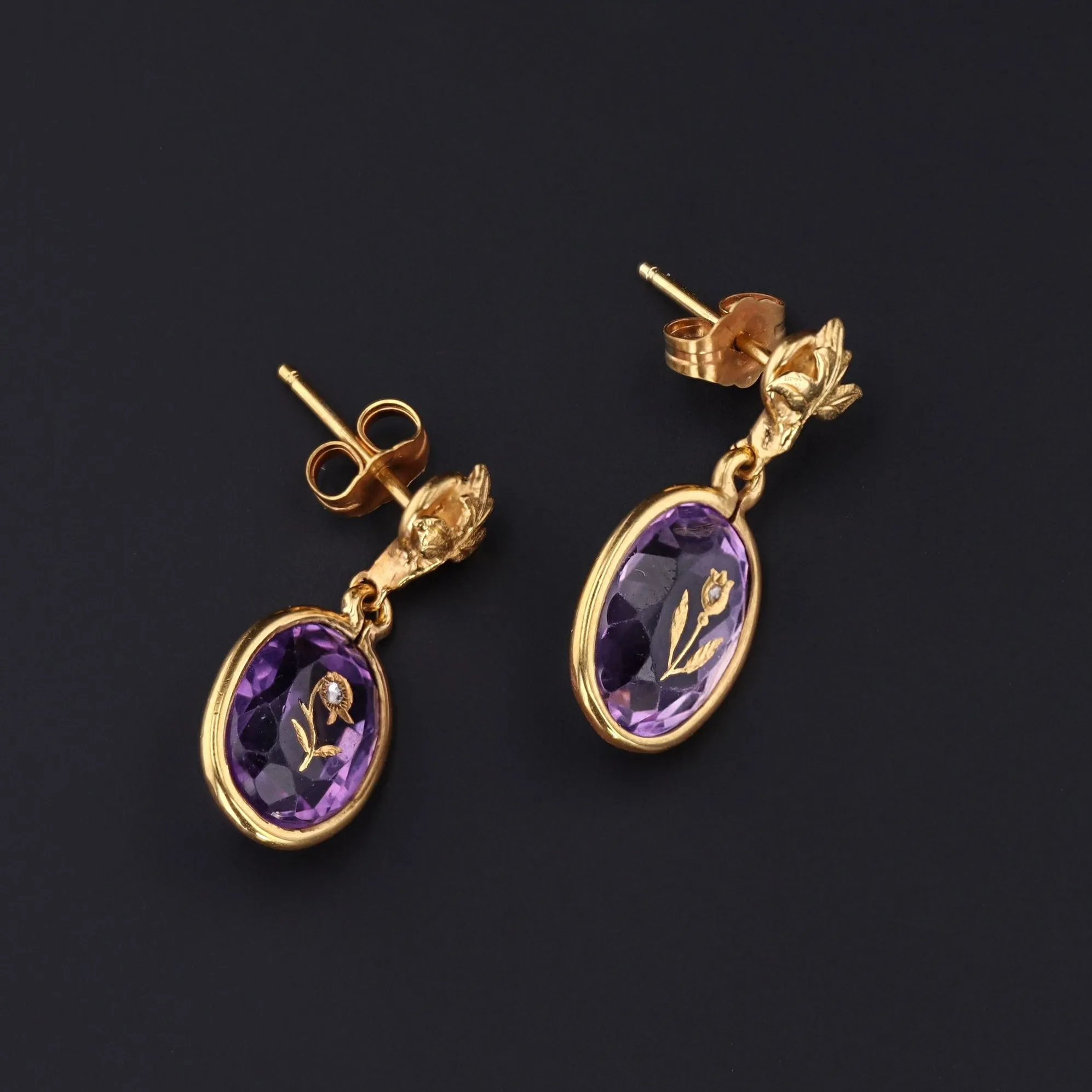 Antique Amethyst & Diamond Flower Earrings | 14k Gold Earrings