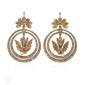Antique diamond hoop and bird earrings, France.