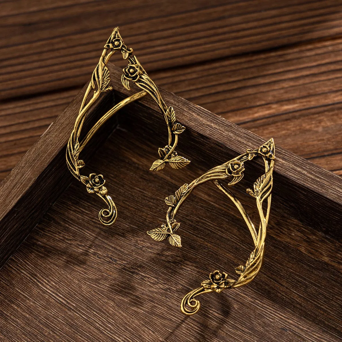Antique Gold Silver Tone Floral Leaf Ear Cuff Climber Crawler Wrap Earrings