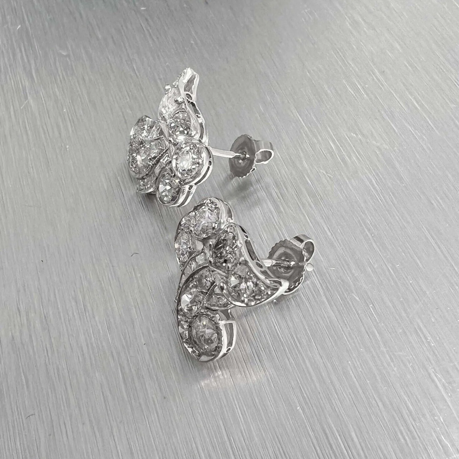Antique Platinum 950 Old Mine & Baguette Diamond Ribbon Earrings 2.97ctw G SI1