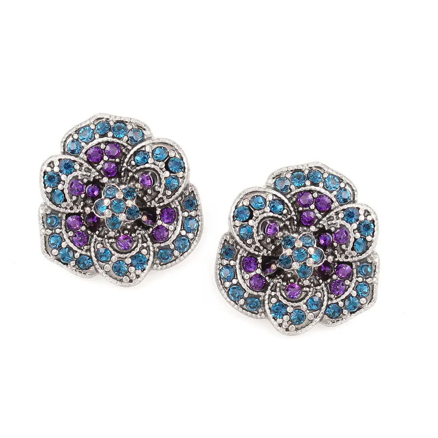 AQUA BLUE AND AMETHYST CRYSTAL STUD EARRINGS #281BL3501 (7E4/6B6)
