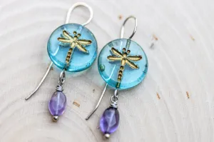Aqua Dragonfly Glass Earrings | Handcrafted with Amethyst & Sterling Silver