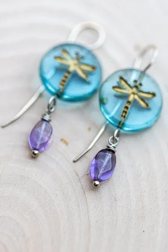 Aqua Dragonfly Glass Earrings | Handcrafted with Amethyst & Sterling Silver