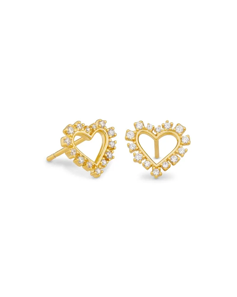 Ari Heart Gold Stud Earrings In White Crystal