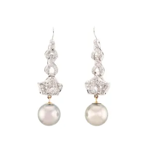 Art Deco Platinum/18k Diamond and Pearl Drop Earrings