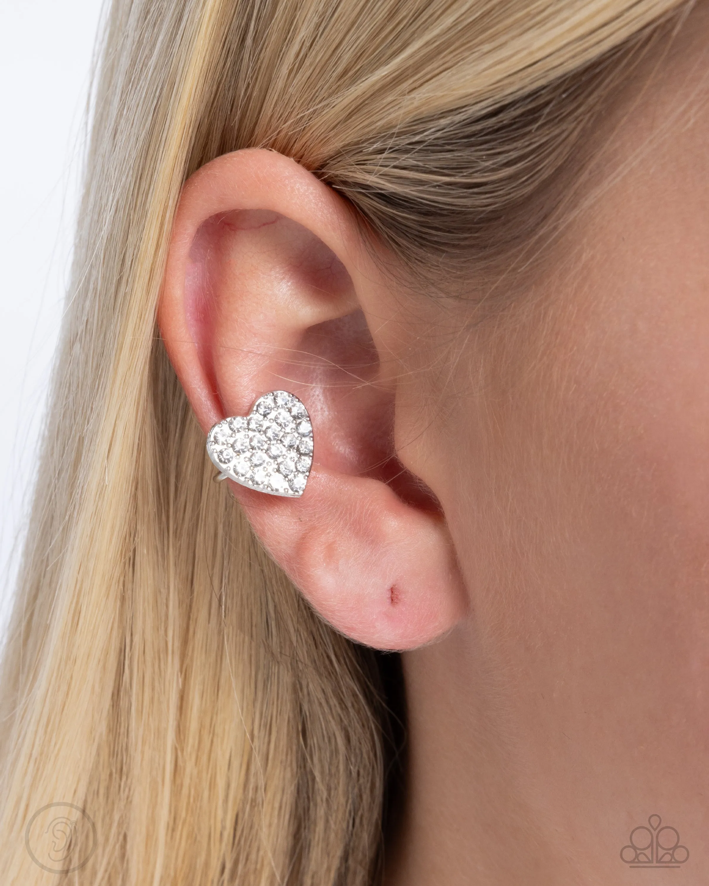 As Far As It GLOWS - White (Rhinestone Heart) Cuff Earring